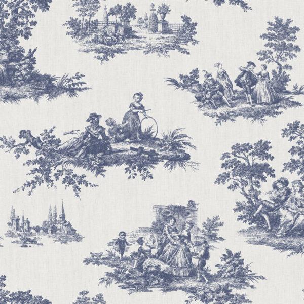 Carta da parati “Toile de Jouy Blu su fondo sabbia”, a metraggio o a rotolo